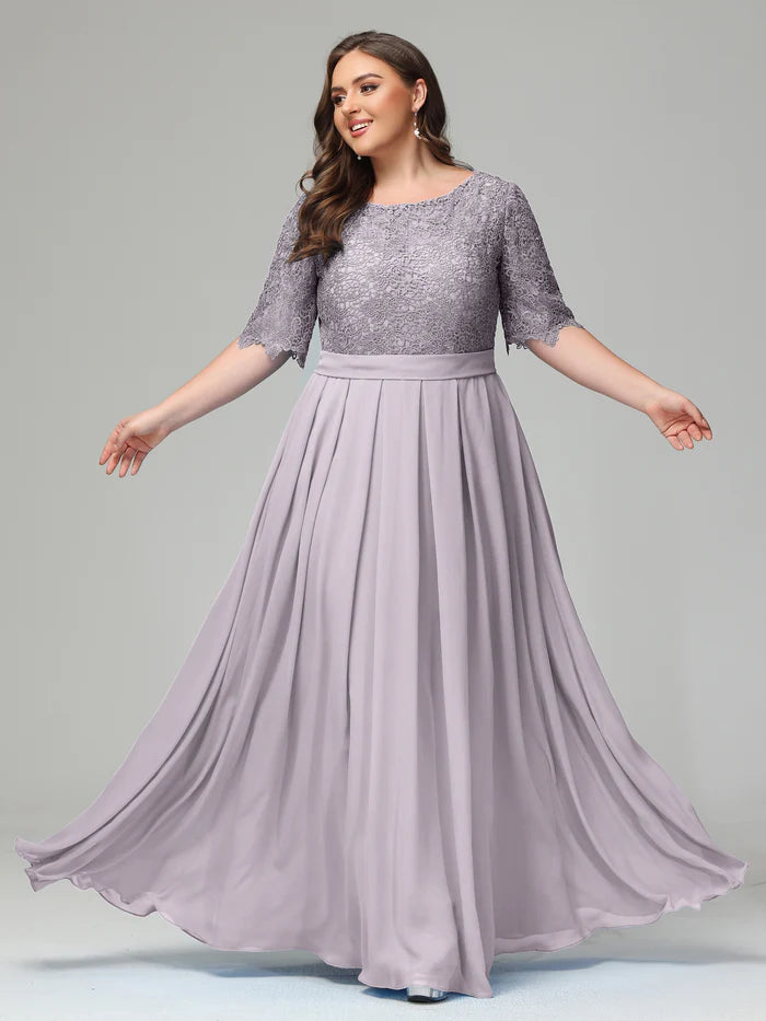 Illussion Neckline and Back Half Sleeves Scoop Lace Plus Size Bridesmaid Dresses