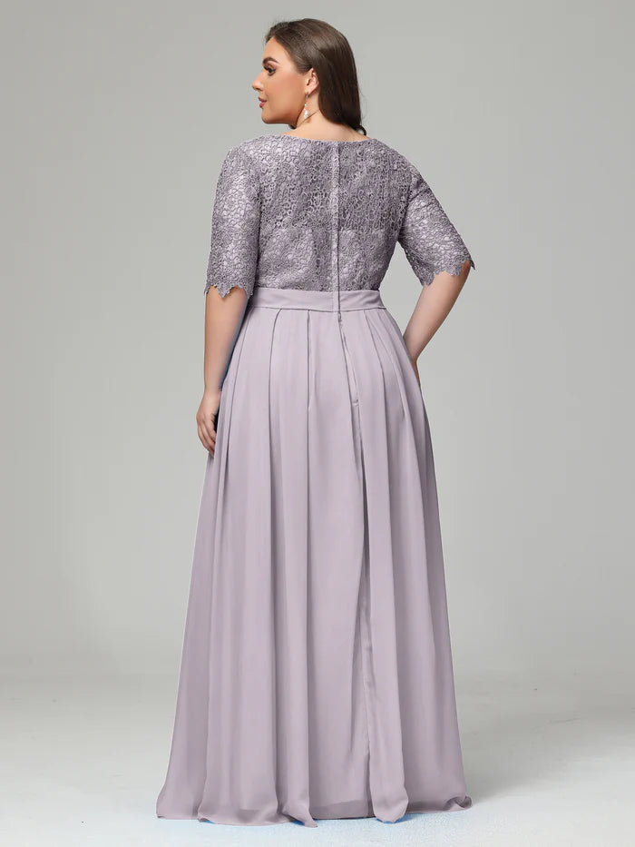 Illussion Neckline and Back Half Sleeves Scoop Lace Plus Size Bridesmaid Dresses