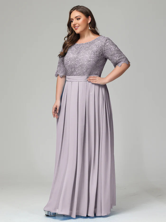 Illussion Neckline and Back Half Sleeves Scoop Lace Plus Size Bridesmaid Dresses