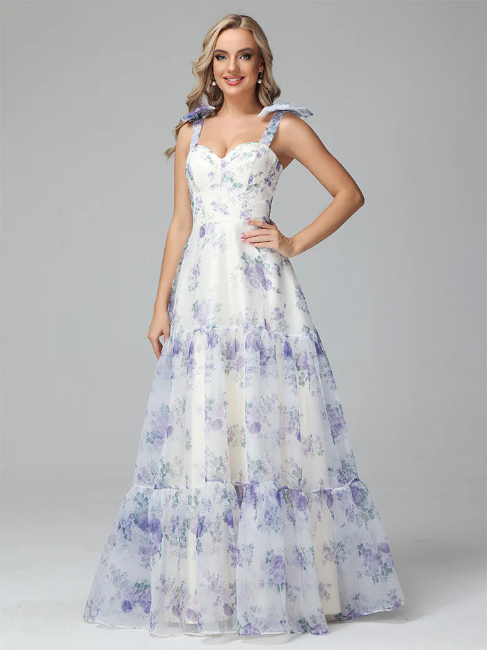 Floral Print Lace Up Floor Length Prom Dresses