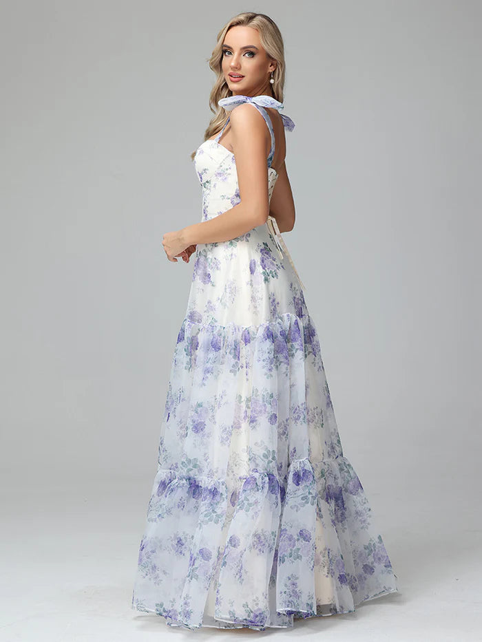 Floral Print Lace Up Floor Length Prom Dresses