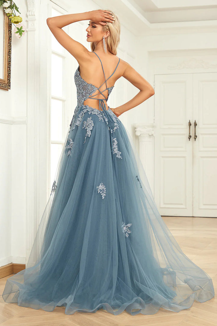 A-Line Grey Blue Spaghetti Straps Prom Dress with Appliques