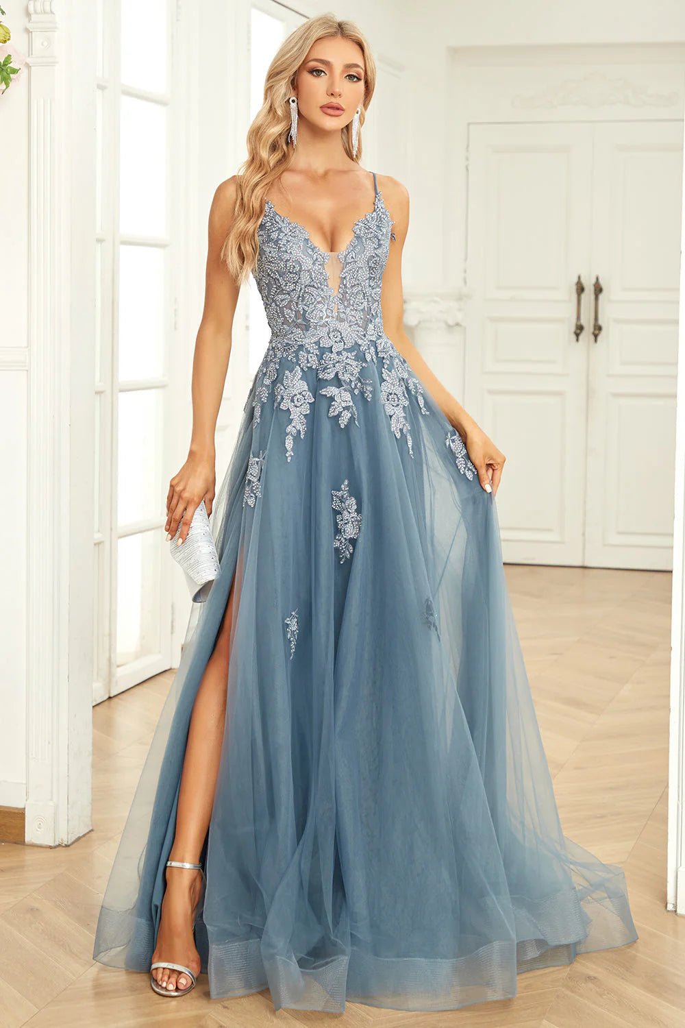 A-Line Grey Blue Spaghetti Straps Prom Dress with Appliques