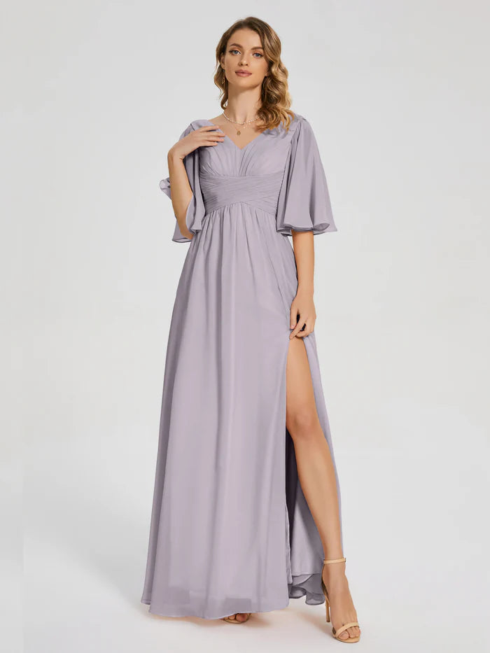 V-neck Half Sleeves Chiffon Mother of the Bride Dress