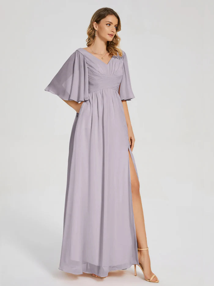 V-neck Half Sleeves Chiffon Mother of the Bride Dress