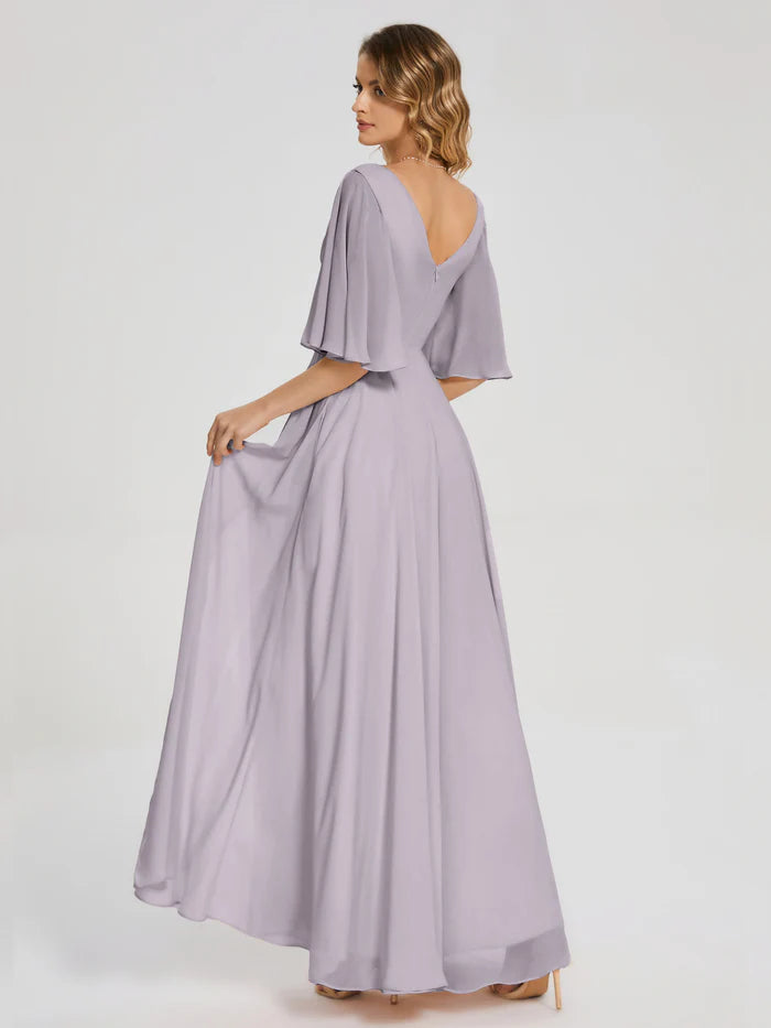 V-neck Half Sleeves Chiffon Mother of the Bride Dress