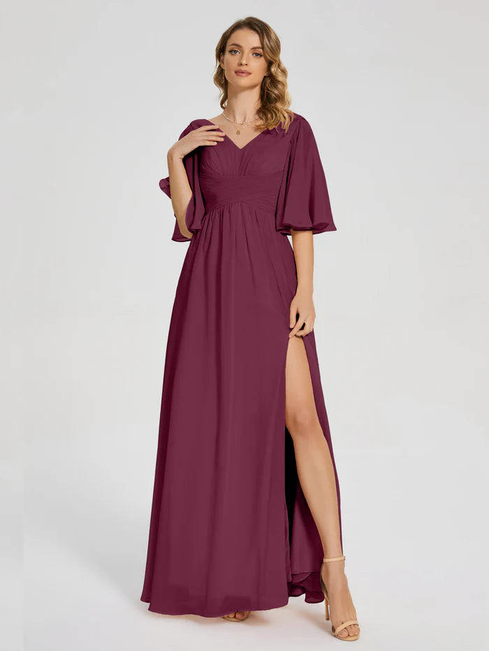 V-neck Half Sleeves Chiffon Mother of the Bride Dress