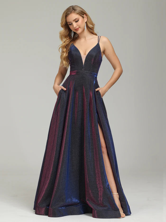 Iridescent V-neck Backless Prom Dress