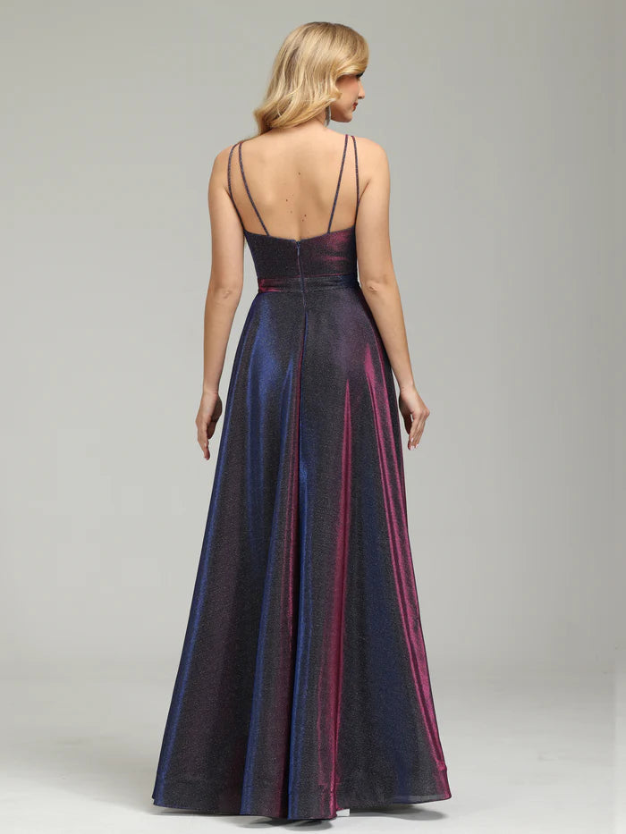 Iridescent V-neck Backless Prom Dress