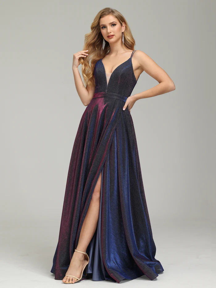 Iridescent V-neck Backless Prom Dress