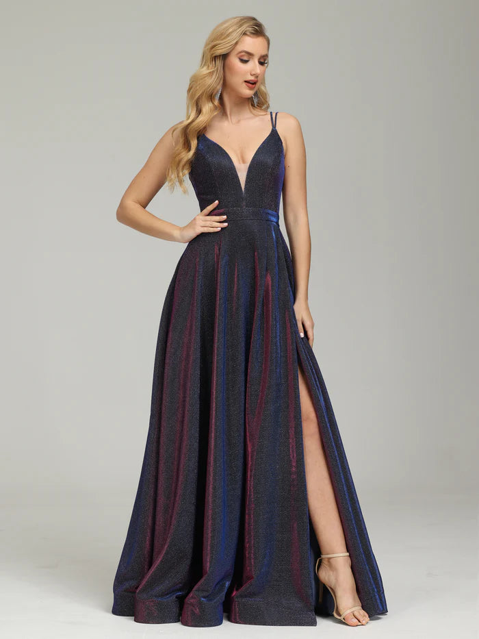 Iridescent V-neck Backless Prom Dress