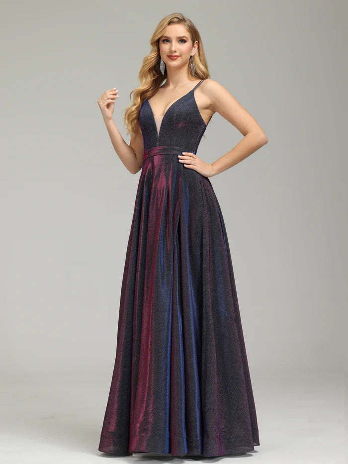 Iridescent V-neck Backless Prom Dress