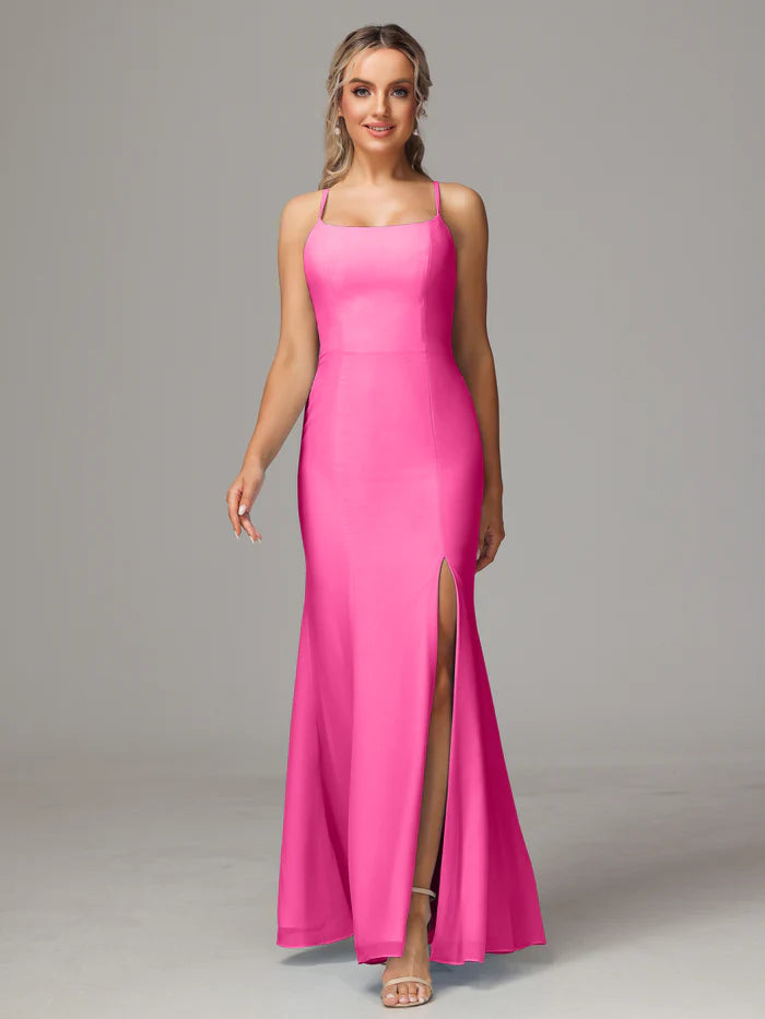 Spaghetti Straps Cross Back Chiffon Bridesmaid Dress