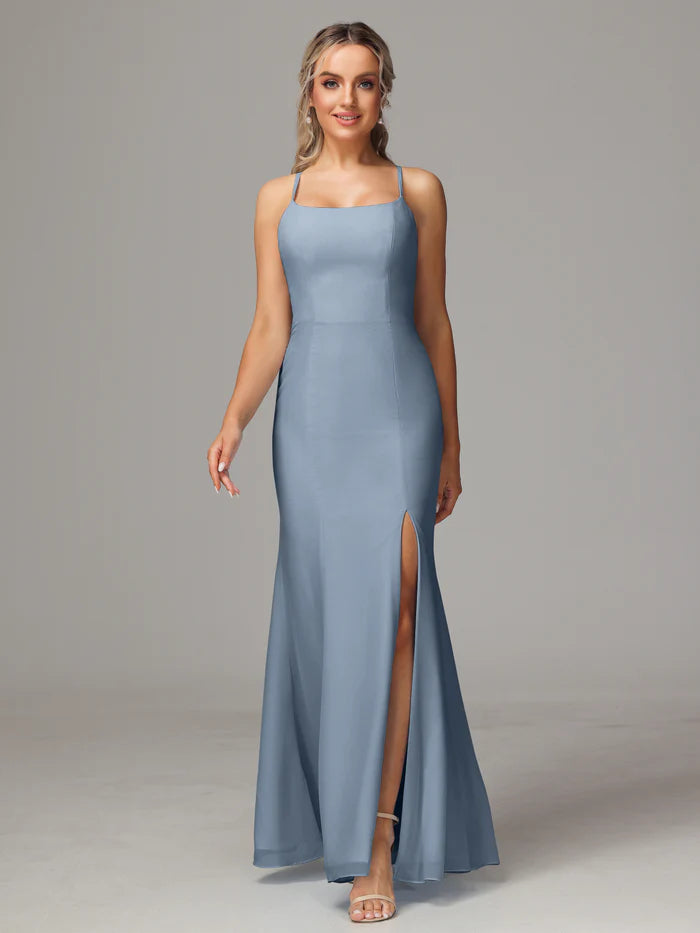 Spaghetti Straps Cross Back Chiffon Bridesmaid Dress