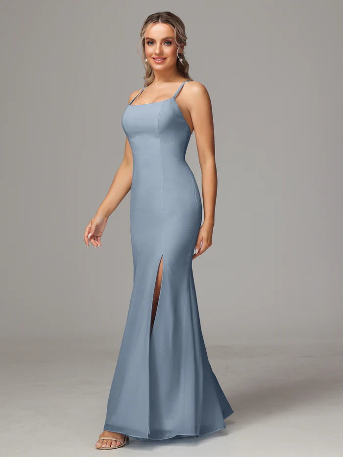 Spaghetti Straps Cross Back Chiffon Bridesmaid Dress