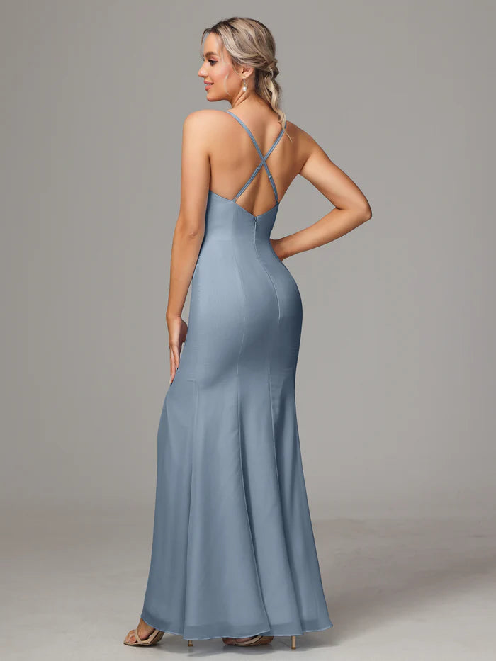 Spaghetti Straps Cross Back Chiffon Bridesmaid Dress