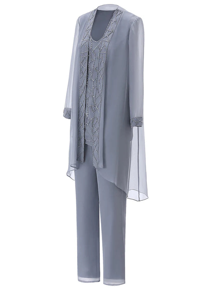 Long Sleeves Chiffon Mother of the Bride Dress Pant Suits