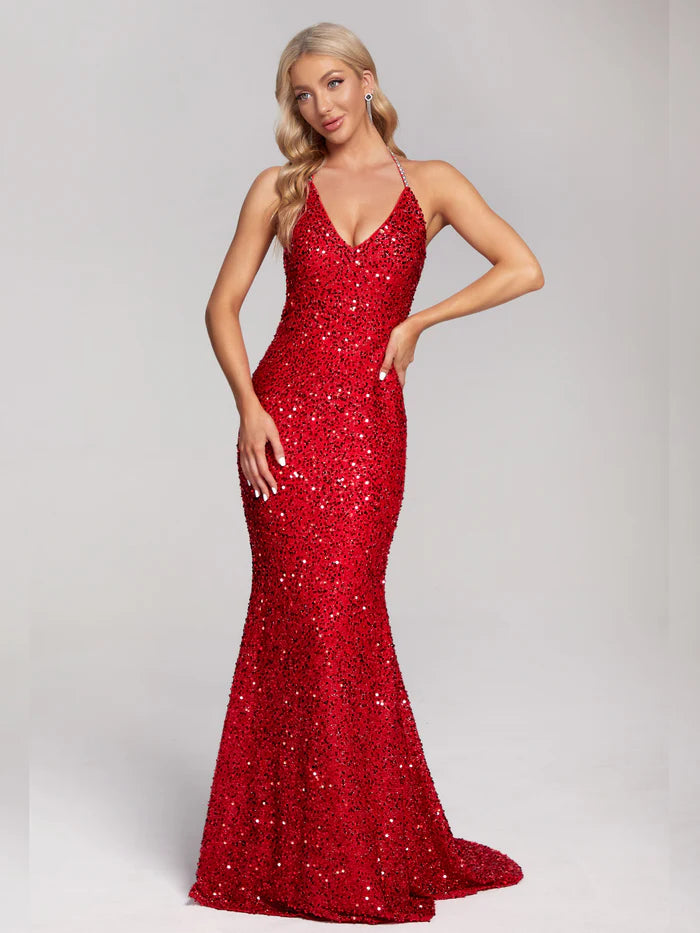 Sparkly Mermaid Halter Sequins Prom Dress