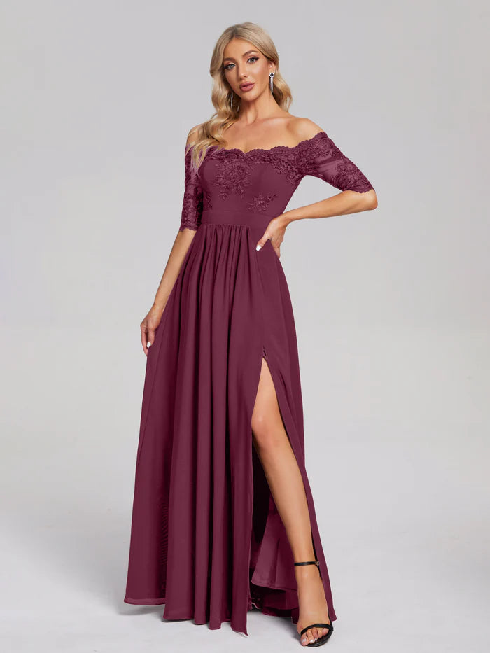 Off the Shoulder Appliqued Lace Chiffon Prom Dress