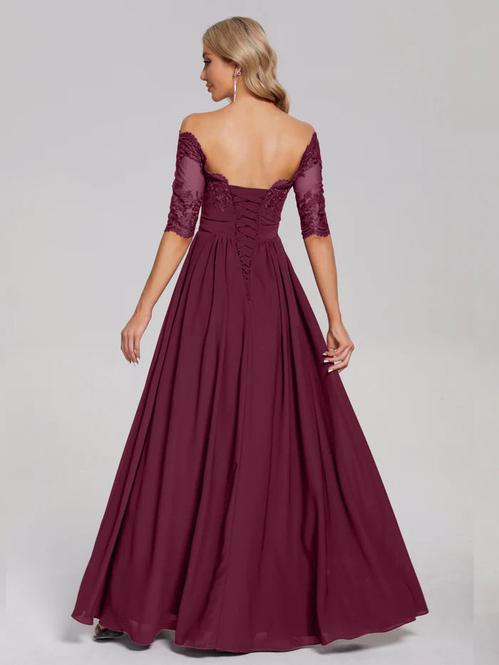 Off the Shoulder Appliqued Lace Chiffon Prom Dress