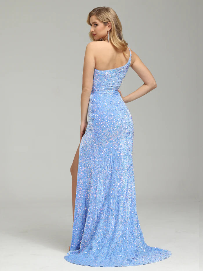 One Shoulder Sequin Prom Dress with Trailing