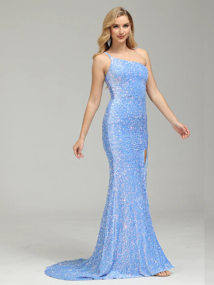 One Shoulder Sequin Prom Dress with Trailing