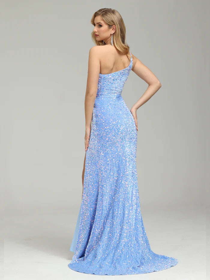 One Shoulder Sequin Prom Dress with Trailing