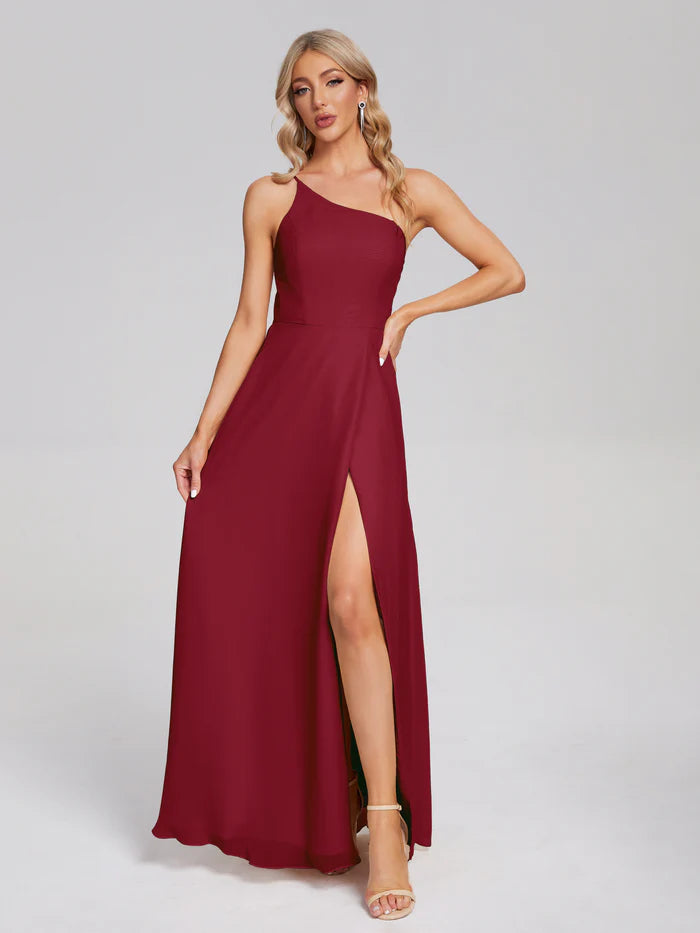 One Shoulder Side Slit Chiffon Bridesmaid Dress