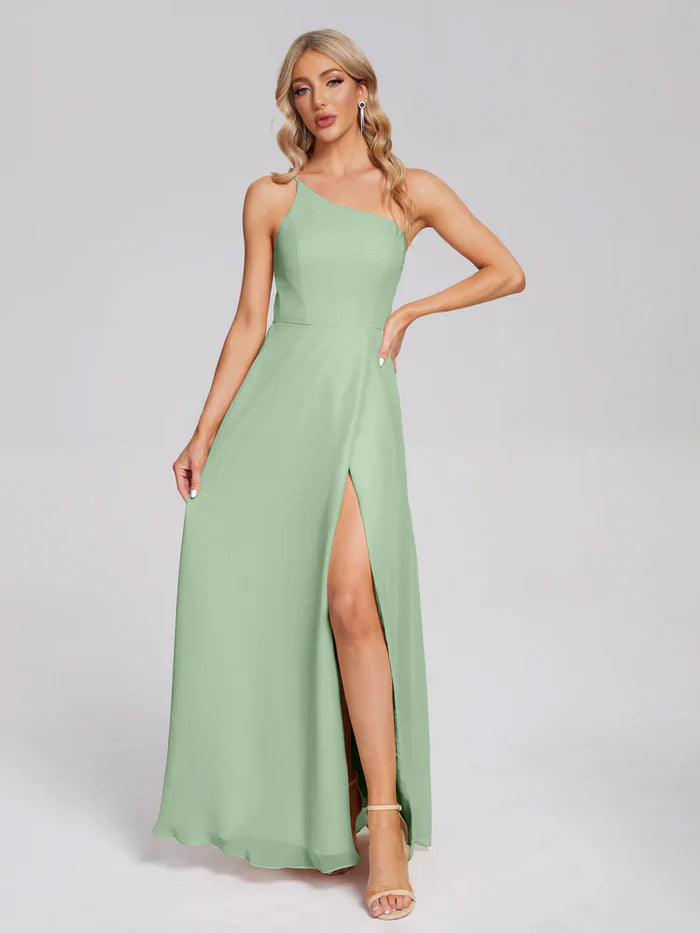 One Shoulder Side Slit Chiffon Bridesmaid Dress