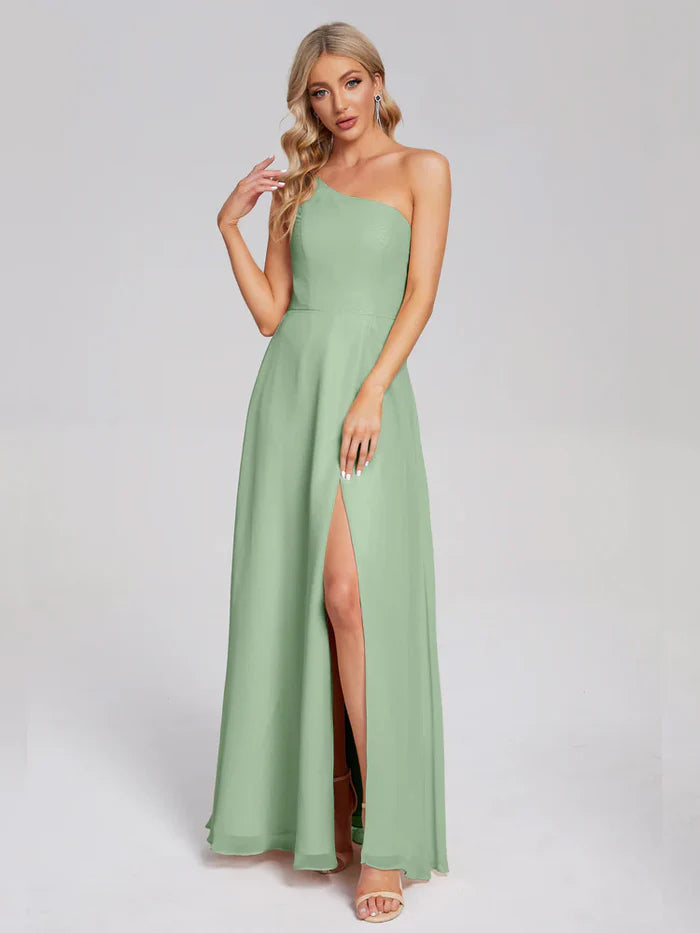 One Shoulder Side Slit Chiffon Bridesmaid Dress