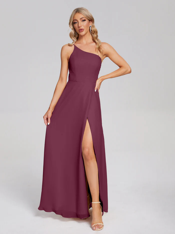 One Shoulder Side Slit Chiffon Bridesmaid Dress