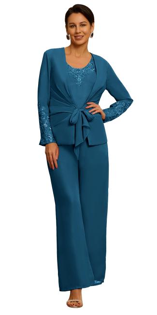 Long Sleeve Formal Wedding 3 Pieces Mother of The Bride Pant Suit