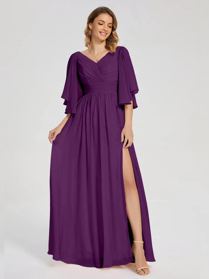 Half Sleeves V-neck Slit Mother of the Bride Dress