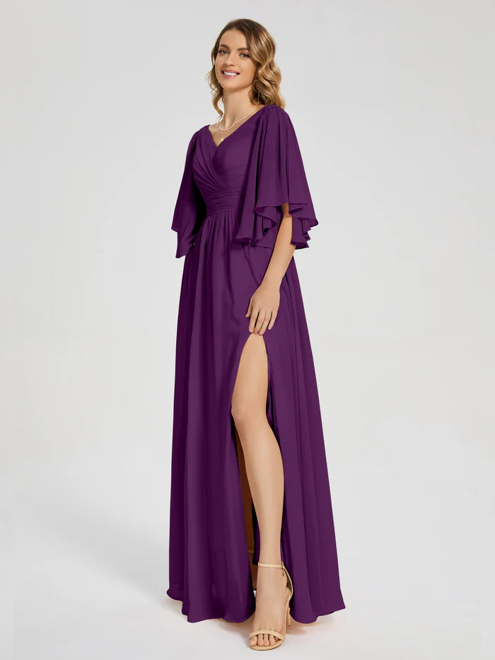 Half Sleeves V-neck Slit Mother of the Bride Dress