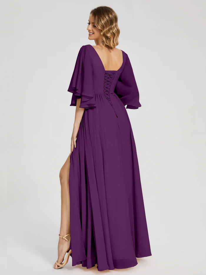 Half Sleeves V-neck Slit Mother of the Bride Dress