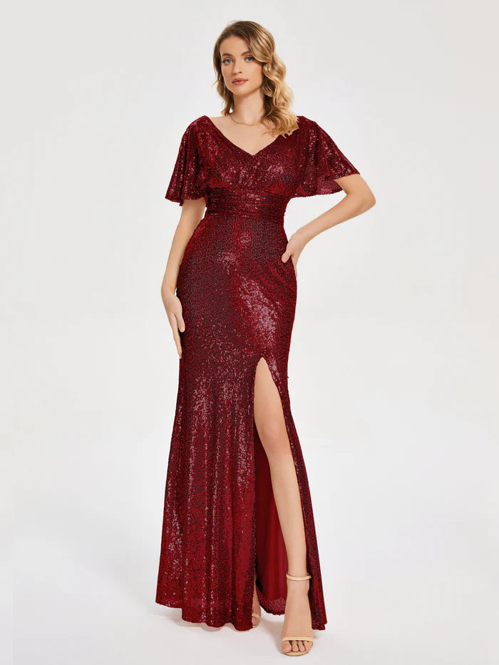 Short Sleeves V-neck Sequins Prom Dress with Slit