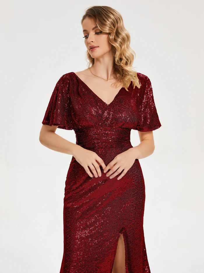 Short Sleeves V-neck Sequins Prom Dress with Slit