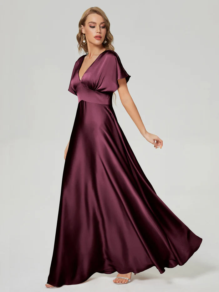 V-neck Short Sleeves Soft Satin Prom Dress