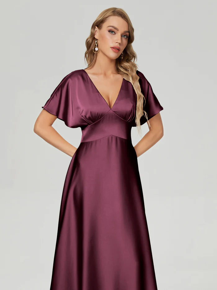 V-neck Short Sleeves Soft Satin Prom Dress