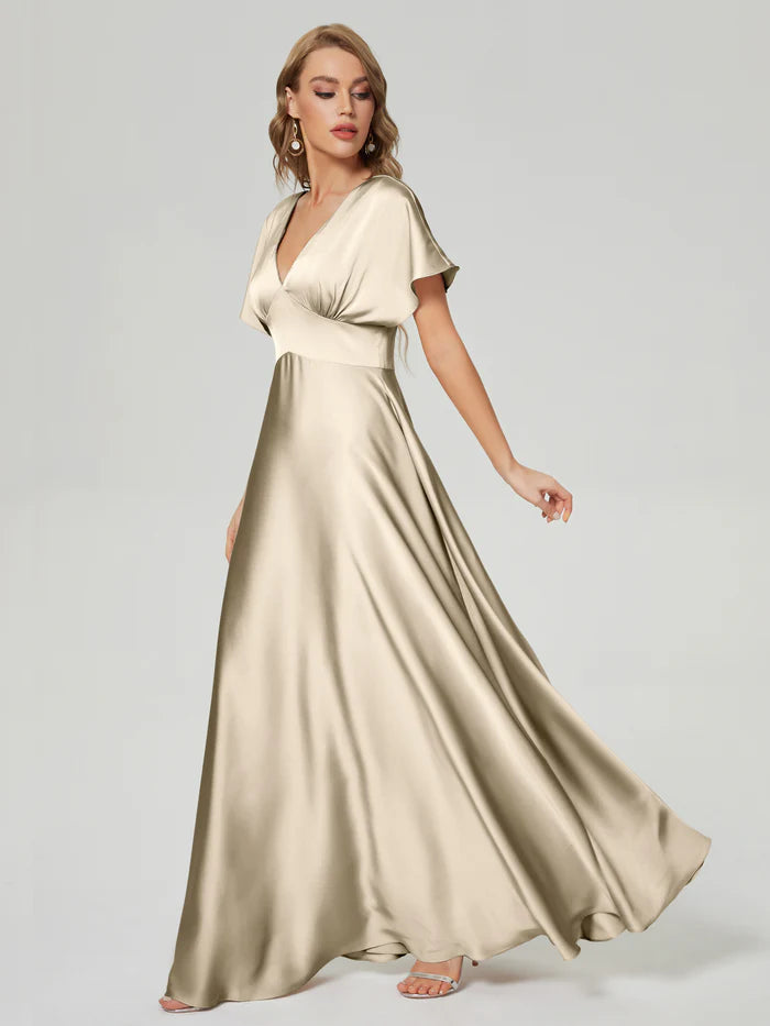 Ariah V-neck Short Sleeves Soft Satin Bridesmaid Dress