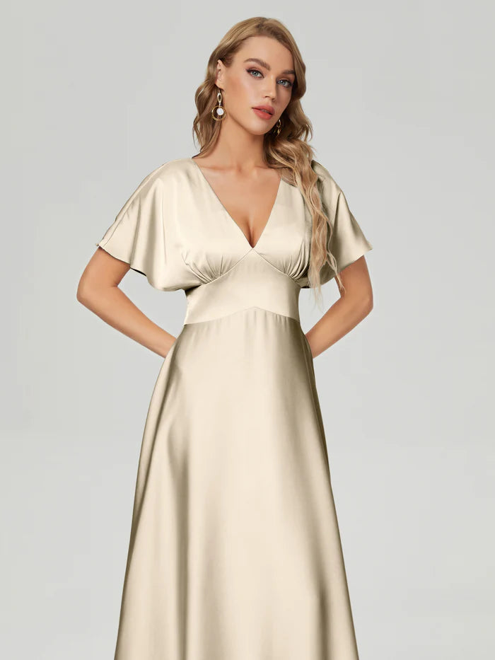 Ariah V-neck Short Sleeves Soft Satin Bridesmaid Dress