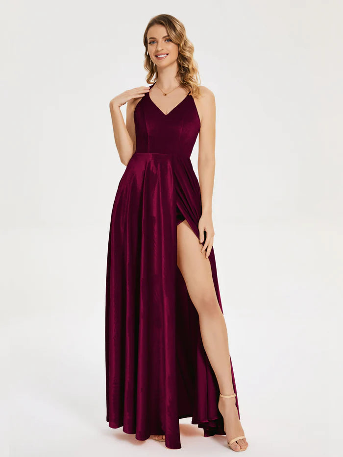 V-neck Straps Velvet Prom Dress with Slit