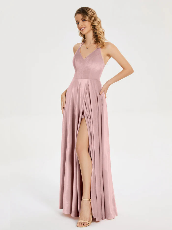 V-neck Straps Velvet Prom Dress with Slit