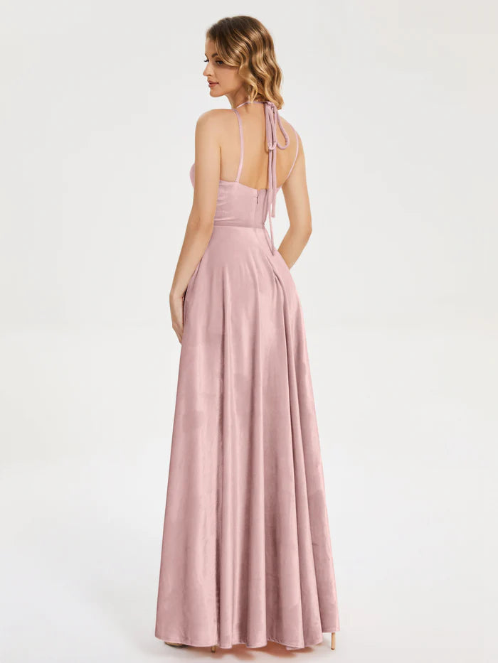 V-neck Straps Velvet Prom Dress with Slit