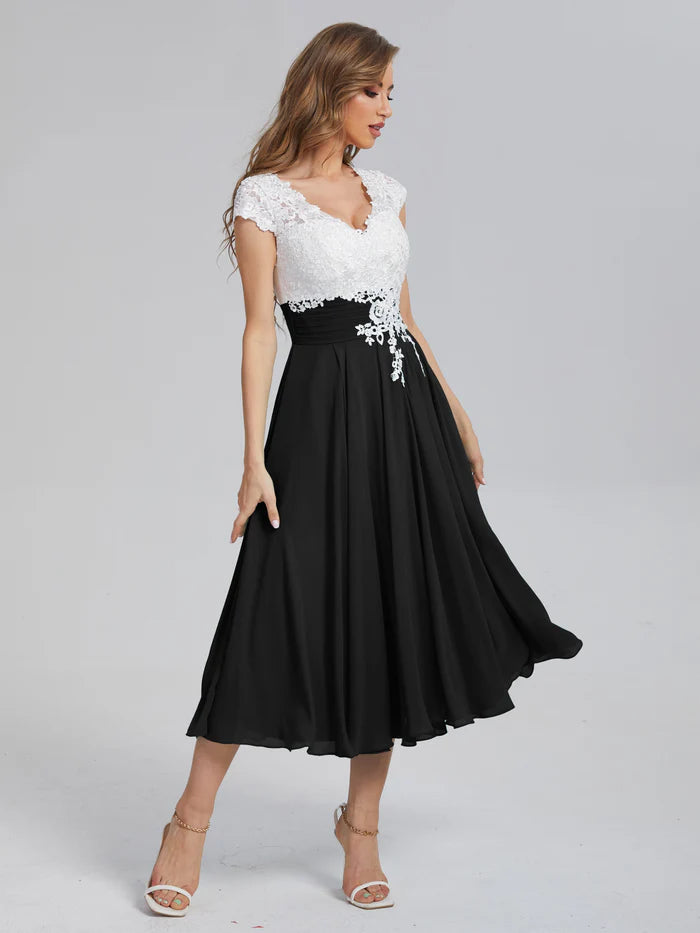 V-neck Tea Length Mother of the Bride Dress