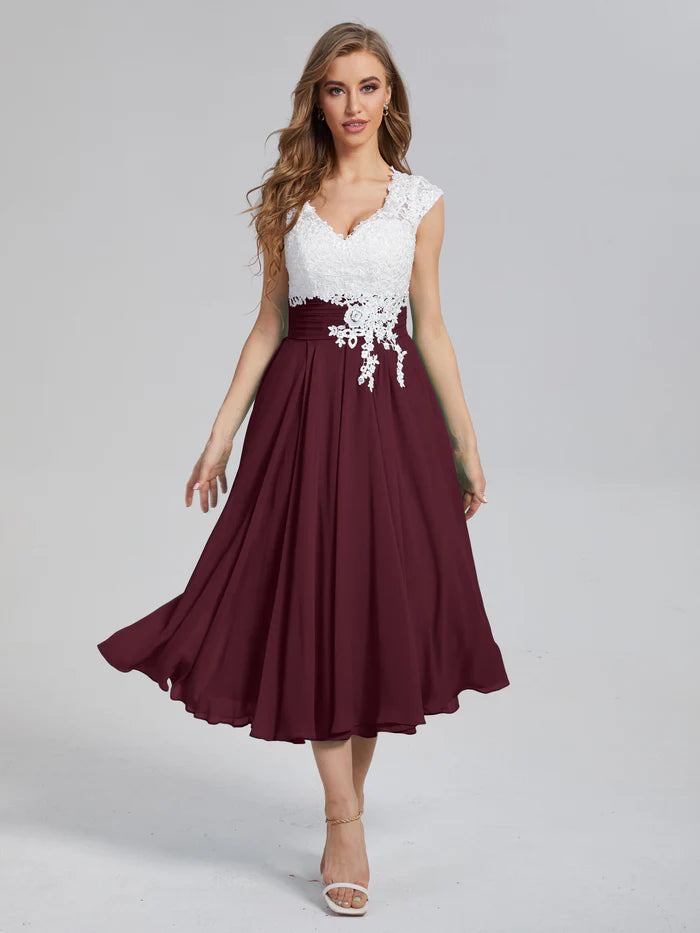 V-neck Tea Length Mother of the Bride Dress