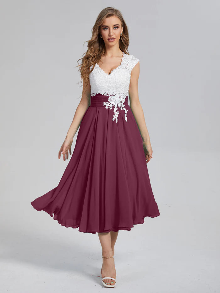 V-neck Tea Length Mother of the Bride Dress