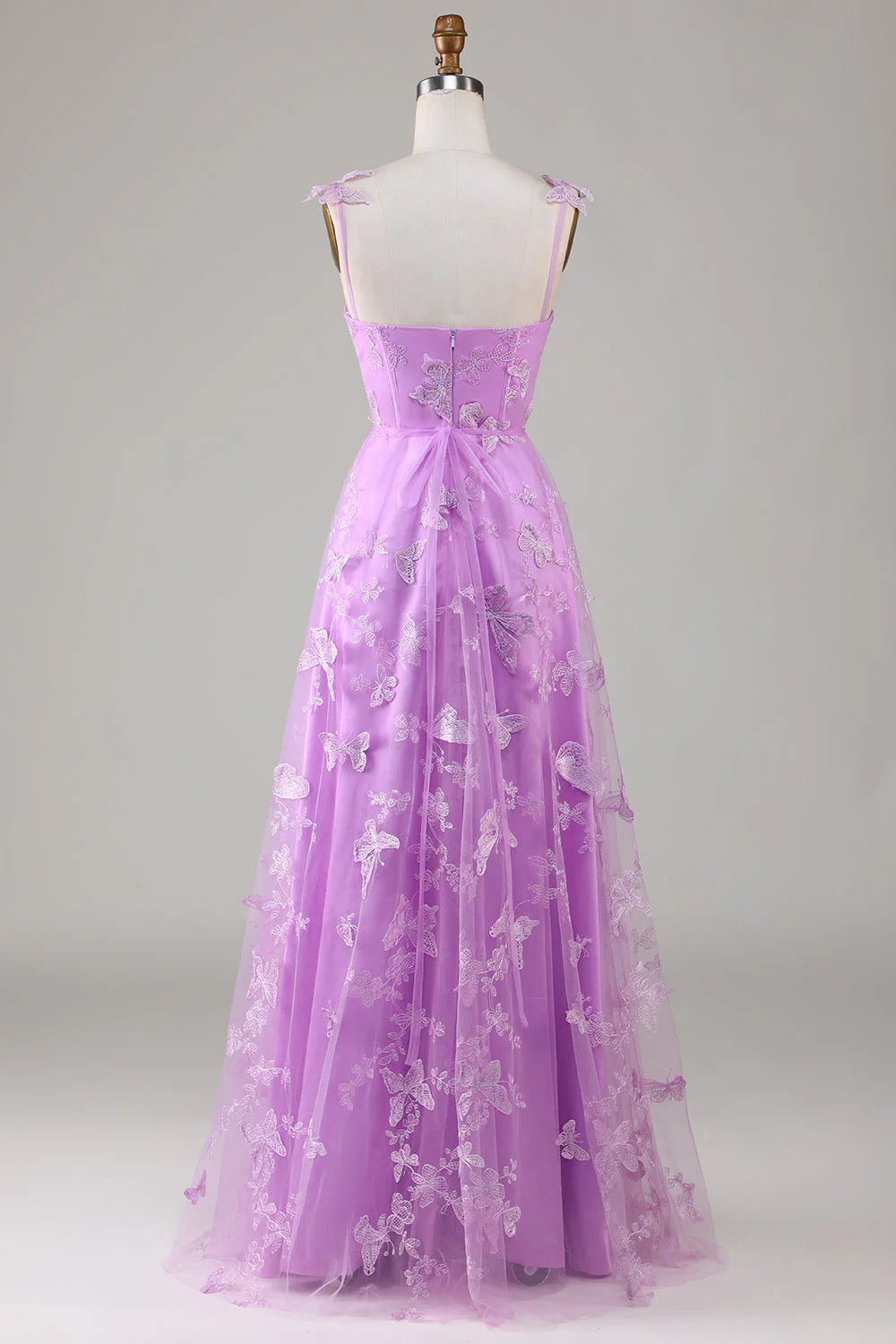 Purple A Line Square Neck Corset Long Prom Dress with 3D Butterflies