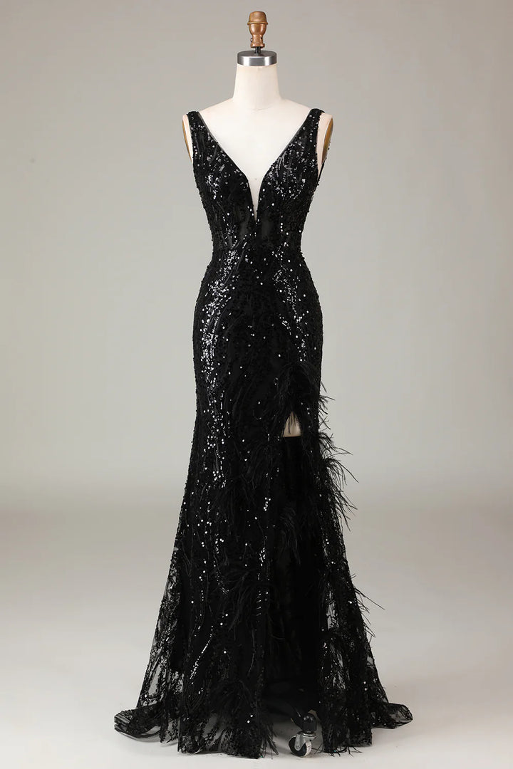 Sparkly Black Mermaid V Neck Sequins Prom Dress with Feathers