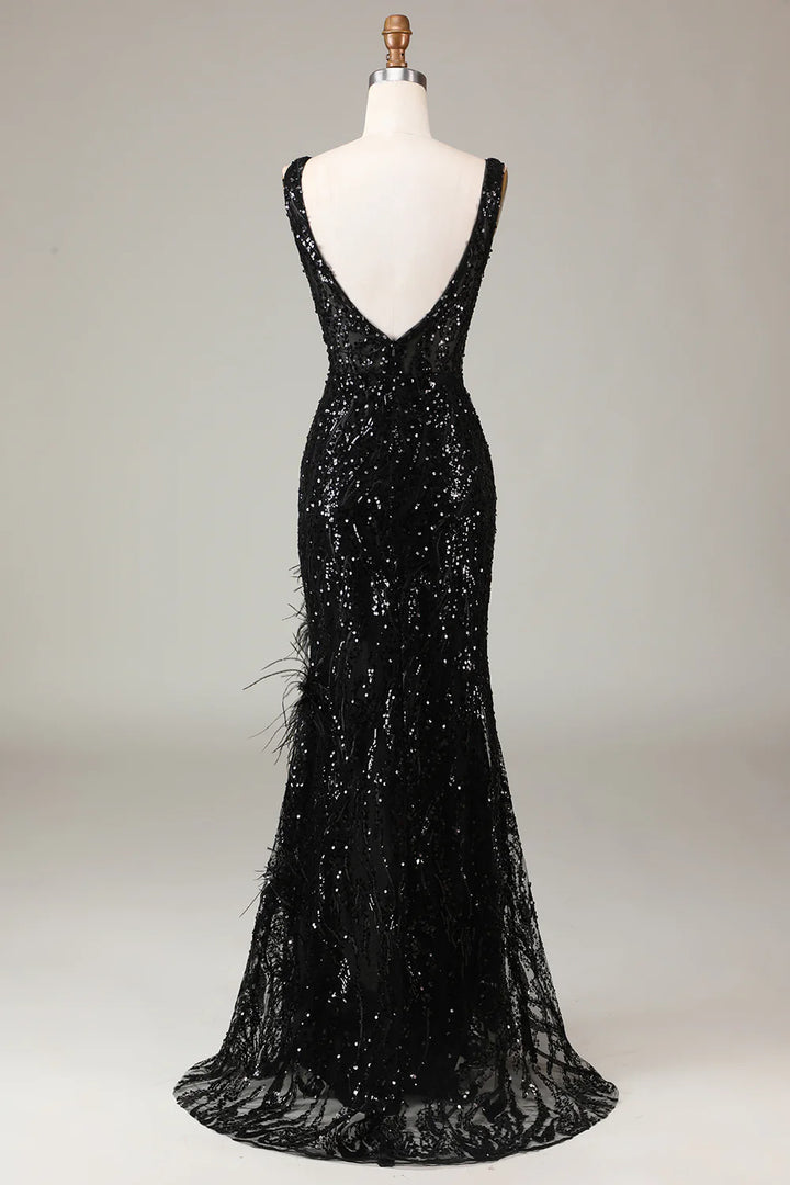 Sparkly Black Mermaid V Neck Sequins Prom Dress with Feathers